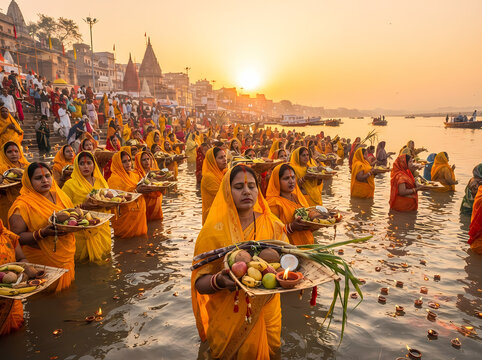 Devotees performing Chhath Puja rituals in the Ganges river at sunrise