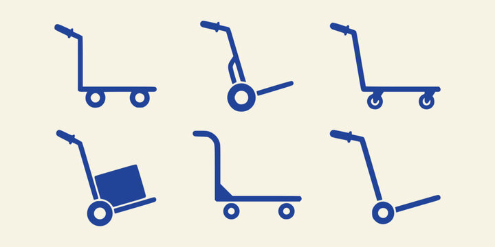 Set of blue hand truck trolley icons for moving and logistics