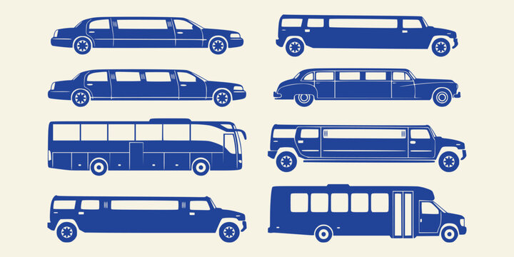 Set of blue limousine and bus silhouettes isolated on cream