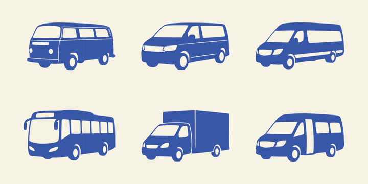 Set of blue passenger vans and commercial cargo trucks icons