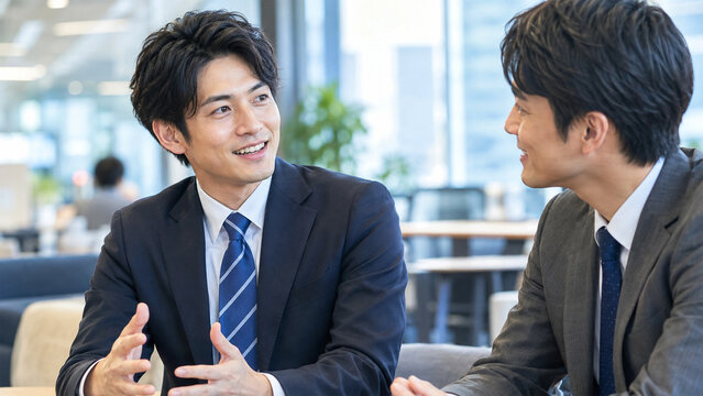 打ち合わせで手振りを交えて意欲的に話す若手男性会社員