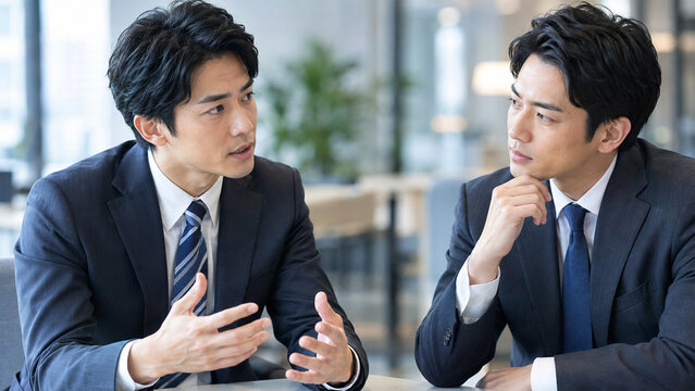 打ち合わせで手振りを交えて意欲的に話す若手男性会社員