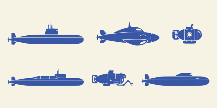 Set of blue submarine silhouettes isolated on a cream background