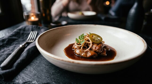 Braised chitterlings in dark savory sauce are served in a shallow ceramic bowl with a garnish of sliced jalape&ntilde;o and crispy fried shallots at a dimly lit restaurant table.