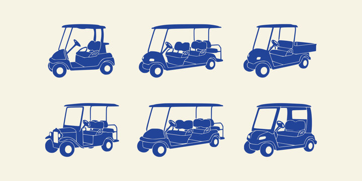 Set of blue golf carts isolated on a cream background