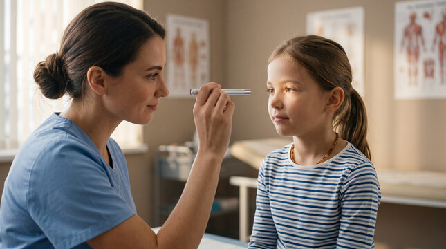 Doctor checking eyes of young girl with penlight in pediatric clinic. Pupil reflex examination and vision test for kids. Neurology and ophthalmology checkup