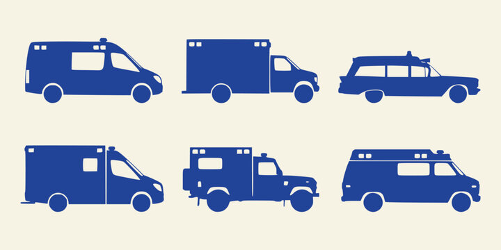 Set of blue ambulance vehicle silhouettes on cream background