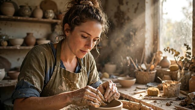 A woman artist carefully crafting a clay pot on a pottery wheel, surrounded by handmade ceramic pieces in a rustic studio
