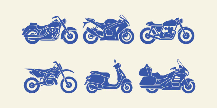 Set of various motorcycle types and scooters in blue silhouette