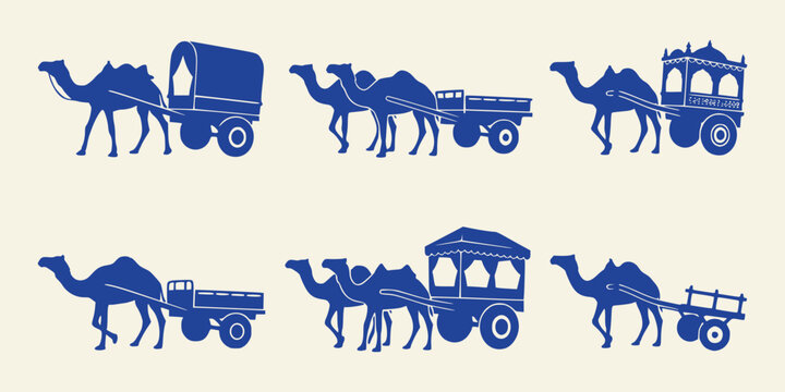 Set of blue camel silhouettes pulling traditional wooden carts