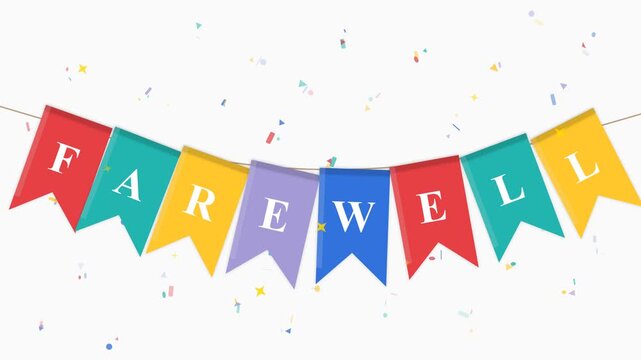 Colorful farewell party bunting banner with confetti animation on white background, for retirement or, graduation celebration