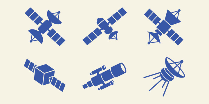 Set of blue satellite icons for space technology and communication