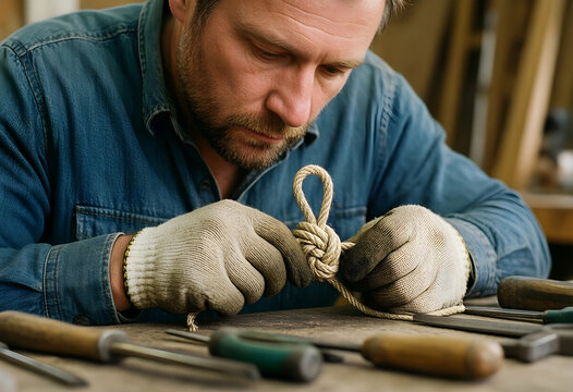 Craftsmanship and manual labor, skilled carpenter tying a rope knot in a workshop with woodworking tools for traditional manufacturing and artisan work