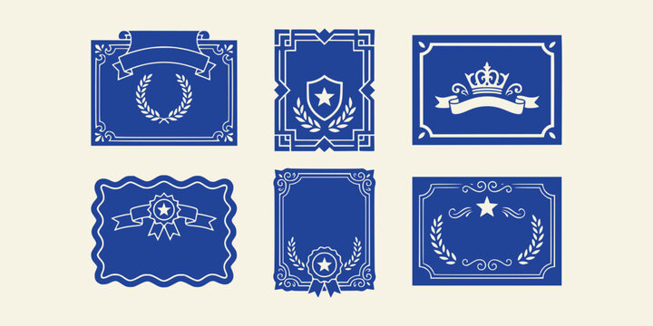 Set of blue vintage frames with laurel wreaths and royal crowns