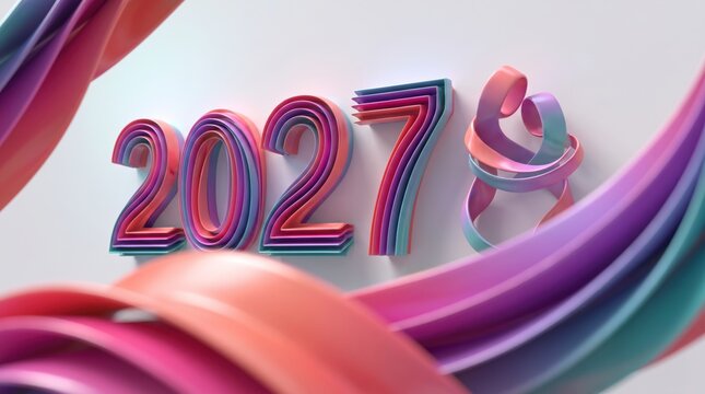 Vibrant ribbon 2027 numerals swirl beside a colorful satin ribbon loop