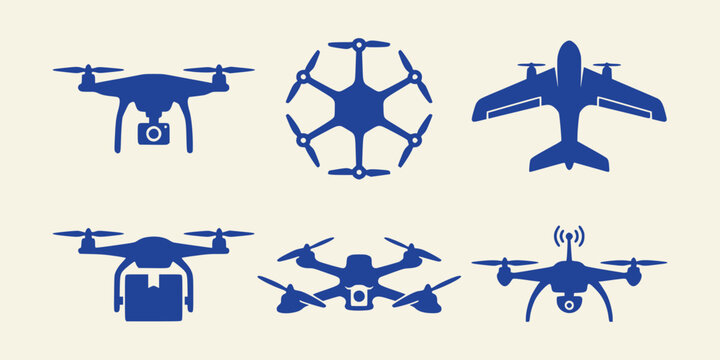 Set of blue drone and aircraft silhouettes on cream background
