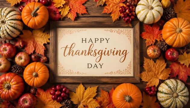 Happy Thanksgiving Day greeting sign with pumpkins and autumn leaves