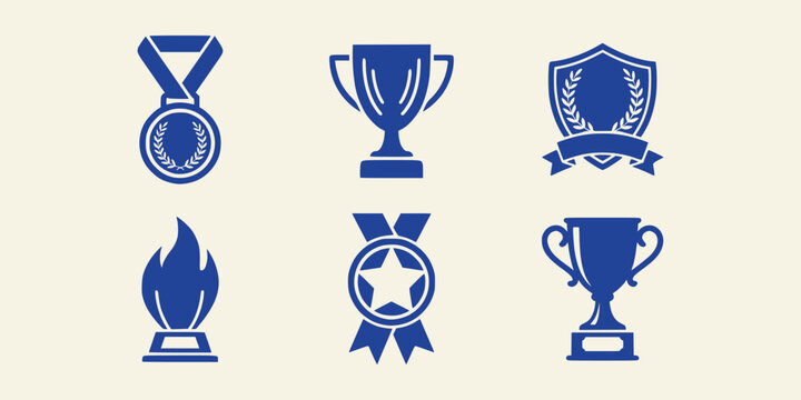 Set of blue award trophy medal and shield icons on cream background