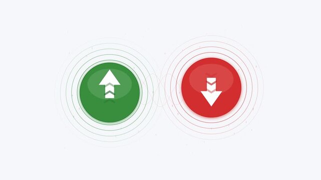 Green up arrow and red down arrow motion animation comparing growth and decline, success and failure concepts on clean minimalist background