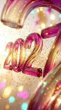 Magenta glass 2027 numbers glow amid falling gold glitter and confetti
