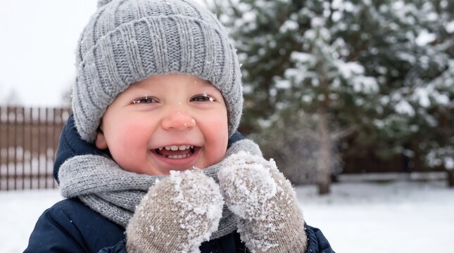 Close-up portrait of a happy toddler boy wearing a winter hat and mittens, smiling in the snow with snowflakes.