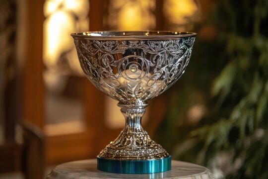 Silver trophy cup, ornate metal award, close up, reflective surface, decorative pattern, golden background