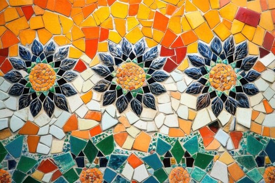Mosaic wall colorful pattern floral design tile texture abstract background ceramic tile decorative art geometric shape vibrant color ornate surface