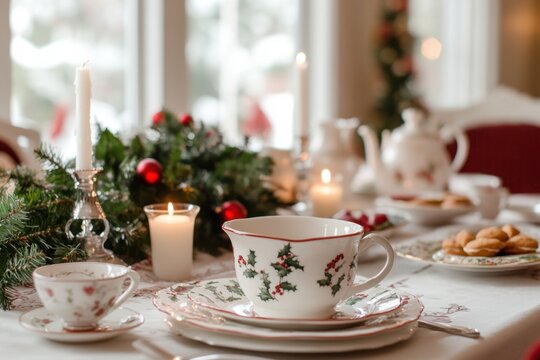 Holiday tea party festive table christmas decor tea cup teapot candle holly wreath porcelain dish red ornament dessert plate