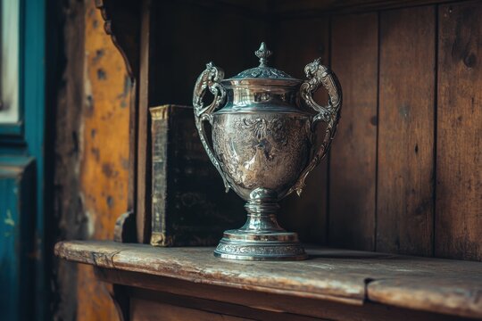 Vintage trophy silver trophy tarnished silver ornate cup antique cup wooden shelf old wood carved handle engraved metal classic award decorative vessel worn surface rustic interior heritage object