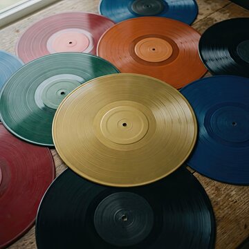 A collection of colorful vinyl records laid out on a wooden surface.