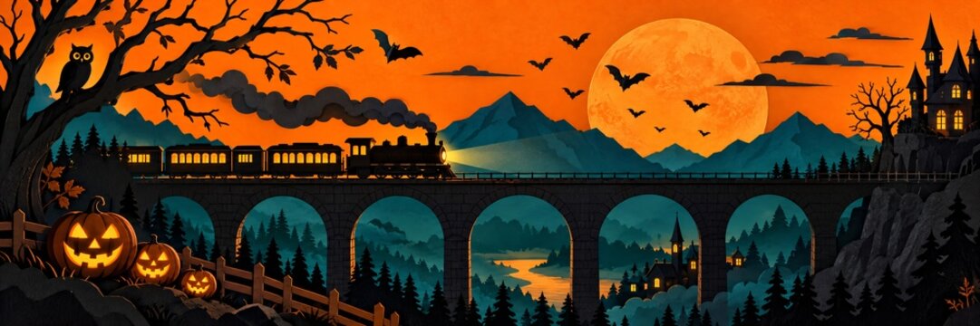 Steam train crossing a stone viaduct beneath a full moon. Haunted castle, bats and jack-o-lanterns in a Halloween landscape. Halloween holiday. Seasonal fantasy illustration.