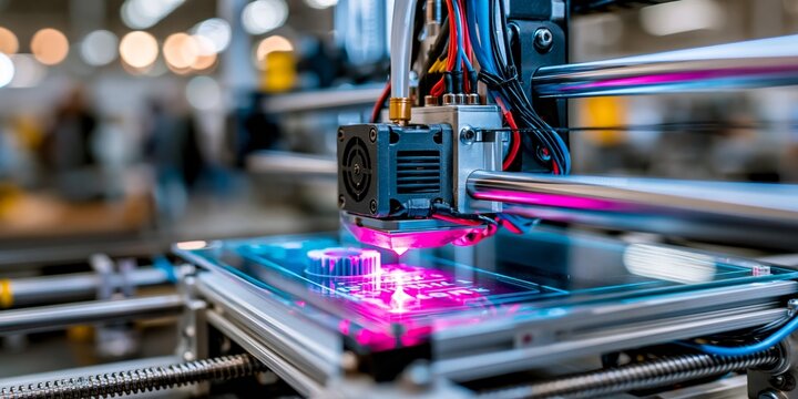 Close-up of a 3D printer in action, creating a glowing pink object with vibrant neon lighting and.