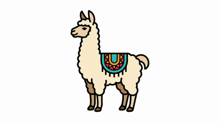 Fototapeta premium White llama with colorful patterned saddle blanket.