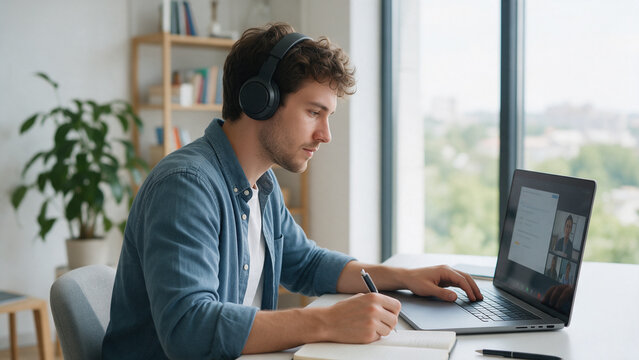 Young professional studying online from home with laptop and headphones