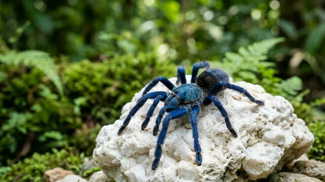 cobalt blue tarantula moving in tropical forest golden light close up video
