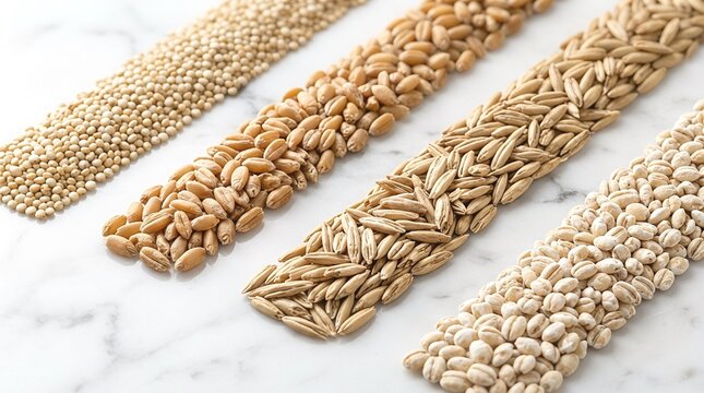Assorted grains and seeds including wheat, oats, and barley arranged in rows on a white marble background