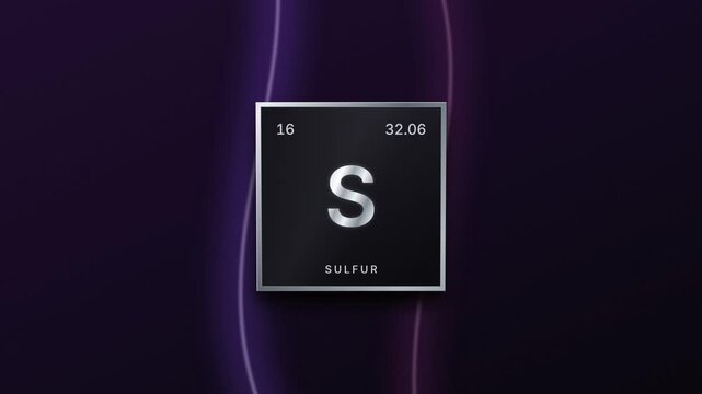 Sulfur element periodic table silver plaque on a purple background