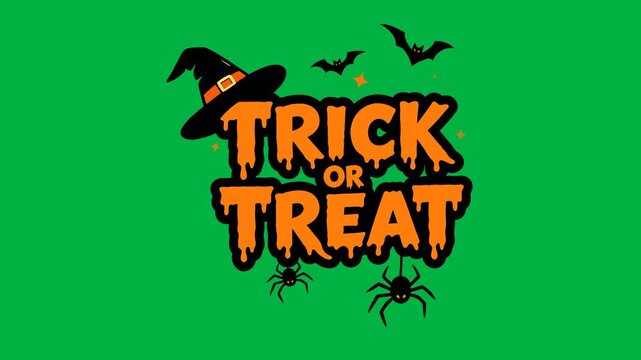 Animated Trick or Treat Halloween title with witch hat, flying bats, glowing sparks, and spooky motion on green screen background. Seamless chroma key loop for video editing.