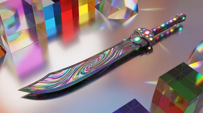 Colorful futuristic sword with glowing handle on display