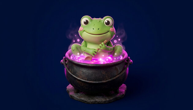 Conceptual 3D illustration of a cute green frog character sitting inside a rusty iron cauldron stirring a glowing pink magical bubbling potion with a wooden spoon on a dark blue background