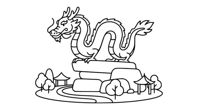Chinese dragon on a rock line art illustration for coloring page