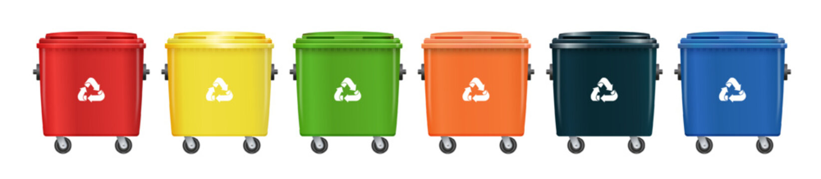 Green recycling bins for paper, plastic, and glass waste sorting. Eco-friendly trash containers vector illustration set for environmental management and garbage collection. Vector
