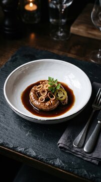 Braised chitterlings served in a white ceramic bowl with a rich dark savory sauce topped with crispy fried onions and a fresh herb garnish on a slate surface.