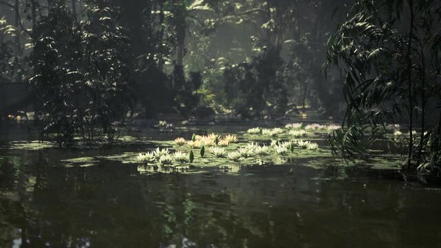 Biodiversity hotspot pond in dense forest with layered vegetation and dappled light, rich textures and humid atmosphere, powerful composition for conservation