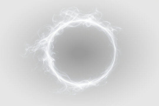 Wispy white glowing smoke ring with an irregular luminous halo on transparent background