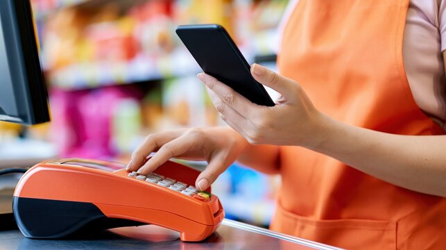 Store employee processing a payment with credit card machine and mobile phone