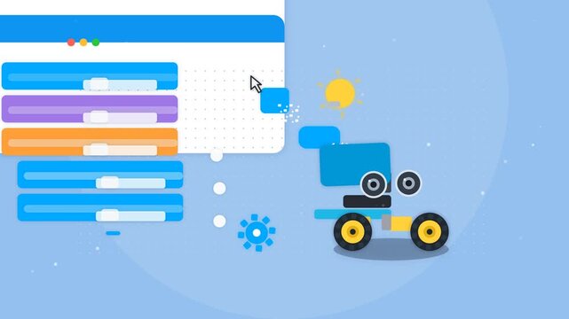 Flat animation of web interface control panels, slider bars, and automated robotic car processing data with interactive and sun icon in blue theme