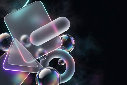 Abstract Glass Shapes and Bubbles with Neon Lighting on a Dark Background
