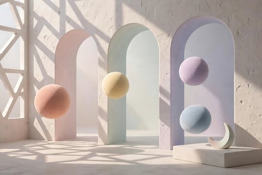 Soft pastel colored spheres floating through arched doorways, minimalist architectural scene with subtle shadows and light, serene and dreamlike atmosphere