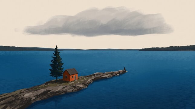 Small house and pine tree on rocky pier in blue lake under storm cloud with blue water